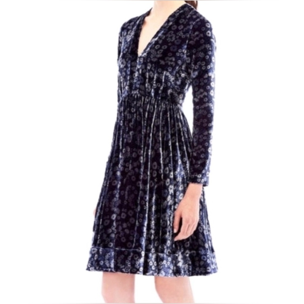 Silk Velvet Floral Long-Sleeve Navy Skater Dress — Rebecca Taylor